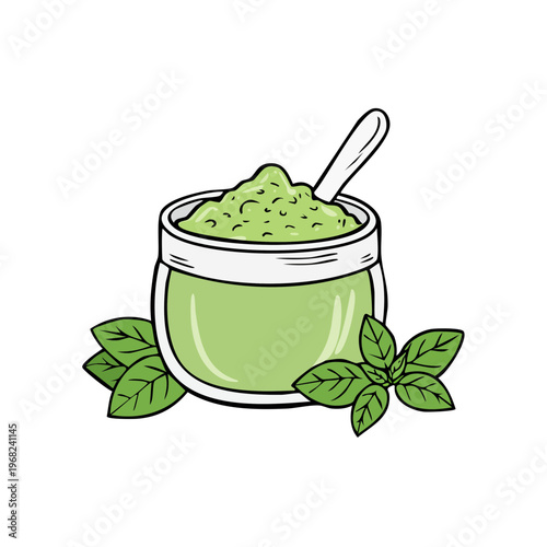 Jar of Green Pesto Sauce with Fresh Basil Leaves and Spoon Illustration