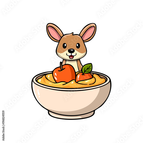 Cute cartoon kangaroo character peeking out from a bowl of delicious fruit puree with apple slices