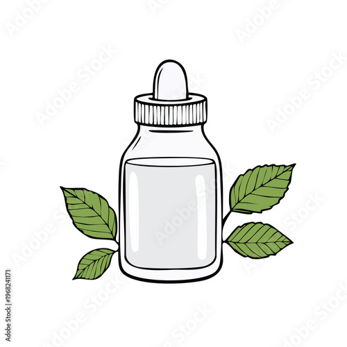 Aromatic essential oil dropper bottle with green leaves for natural fragrance and skincare