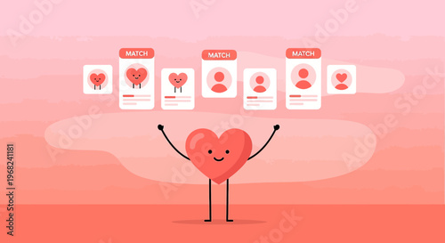 Happy Heart Character with Dating App Matches and Profiles