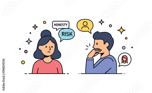 Emotional risks friendship conflict concept where a person hesitates to speak to a friend while tiny sparkle and star icons highlight vulnerability, honesty,