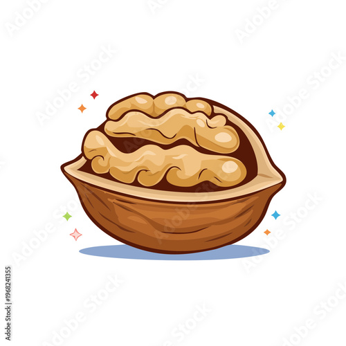 Stylized illustration of a cracked walnut with its kernel prominently displayed showing its organic shape