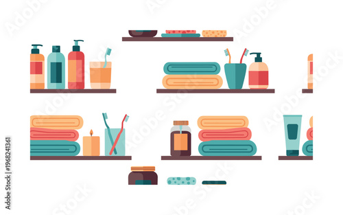 shelf organizer motifs seamless pattern, repeating pattern, surface design, textile print, modern illustration of bathroom shelves, shampoo bottles, towels,