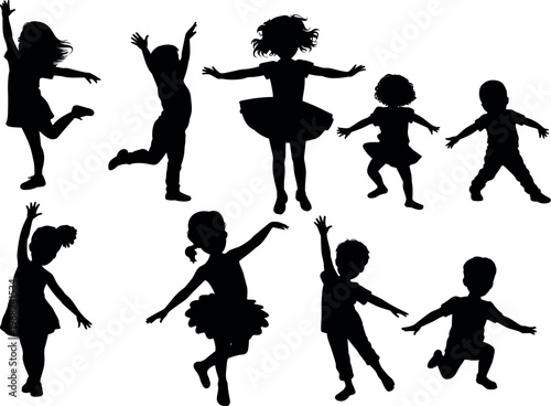 Happy children silhouettes jumping and dancing isolated on white background, playful kids activity illustration, energetic childhood movement, fun carefree moments