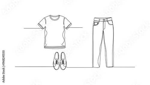 Eco Outfit. Minimalistic one-line drawing fully sustainable outfit laid out, continuous single black line on white background, simple outline style, no
