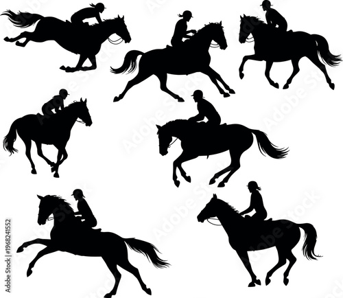 Horse riding silhouettes with jockeys jumping and running isolated on white background, equestrian sport illustration set, racing training and competition concept