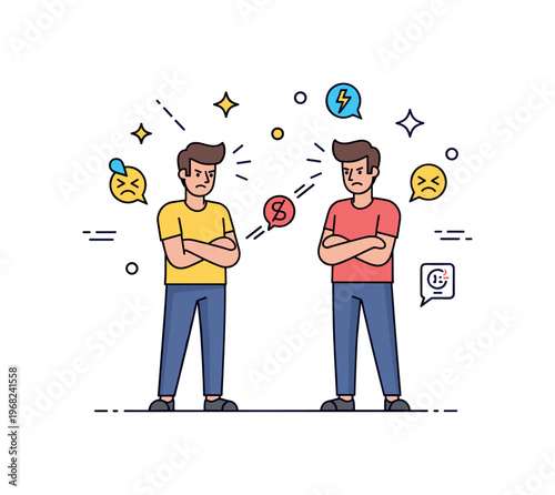 Fight between friends emotional moment concept where two friends frown and turn away while tiny sparkle and star icons highlight tension, miscommunication, and