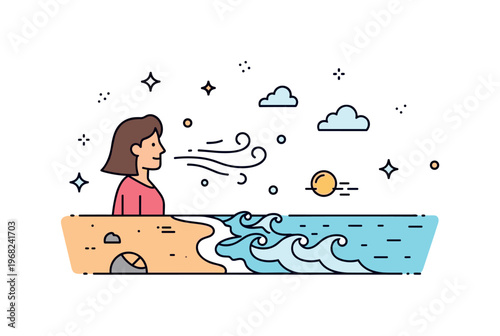 Ocean breeze seaside scene where gentle waves lap against the shore and a person feels the wind while small sparkle and line icons emphasize freshness, calm,
