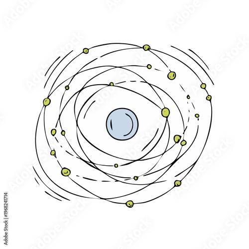 Hand drawn illustration of a colorful atom model with electrons orbiting a nucleus