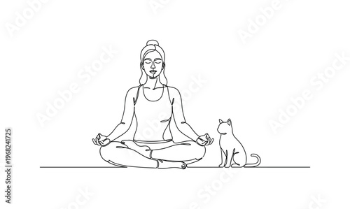 Mindful Yoga with Pets. Minimalistic one-line drawing person meditating with small pet by side, continuous single black line on white background, simple