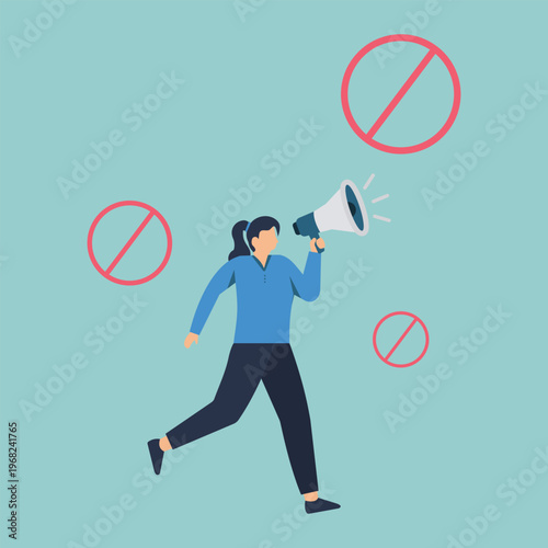 Empowering Protest: An assertive figure uses a megaphone to amplify their voice amid bold prohibition symbols, symbolizing resistance.