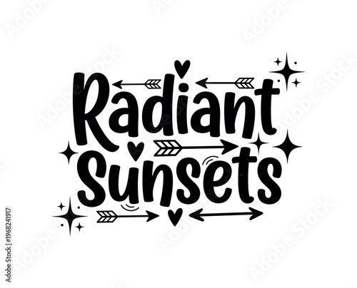 Radiant Sunsets. lettering and all elements in black. Vector style. AWhite background. Pure white background. Perfect isolation and visual consistency. Bold