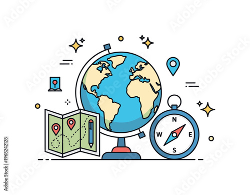 Earth globe exploration concept where a globe is paired with a compass and map while small sparkle and line icons emphasize travel, discovery, and learning.