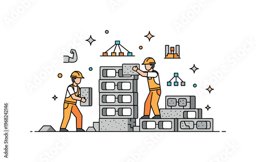 Foundation concrete block stacking scene where construction workers assemble blocks for a foundation while small sparkle and line icons emphasize strength,