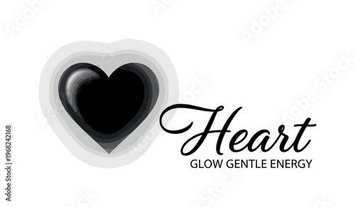 Heart Glow Gentle Energy. lettering and all elements in black. Vector style. AWhite background. Pure white background. Perfect isolation and visual