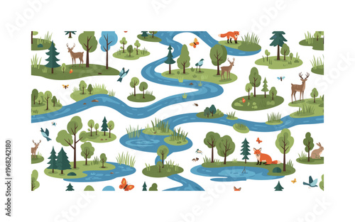 environment recovery patterns seamless pattern, repeating pattern, surface design, textile print, modern illustration of reforested areas, saplings, trees,