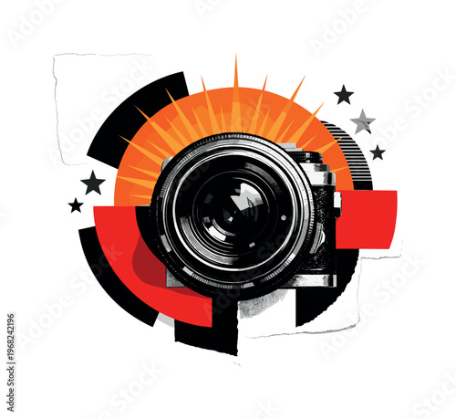 Close-up black-and-white vintage camera lens facing forward, bright orange circular beam radiating outward like a halo, fragmented geometric semicircles and