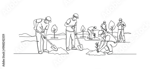 Tree Planting Scene. Minimalistic one-line drawing volunteers digging and placing saplings outdoors, continuous single black line on white background, simple