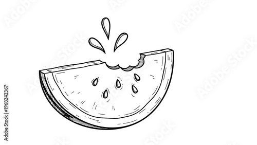 Sketch of a watermelon slice with a bite taken out and water splashes for summer fruit design concepts.