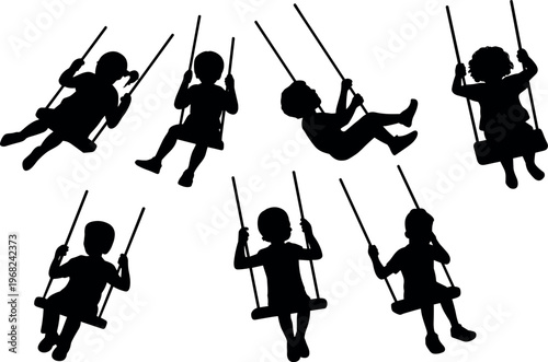 Silhouette of children playing on swings, playground activity concept, kids having fun, childhood joy, motion and outdoor recreation illustration set