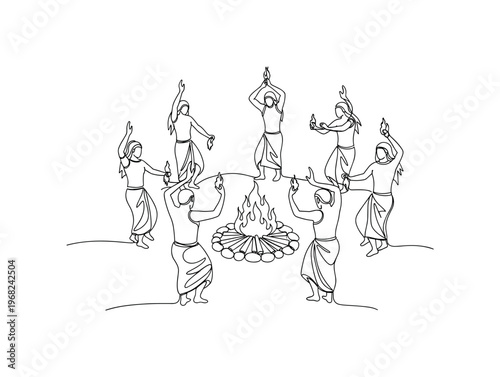 Ancient Rituals. Minimalistic one-line drawing people performing ceremonial dances around fire, continuous single black line on white background, simple
