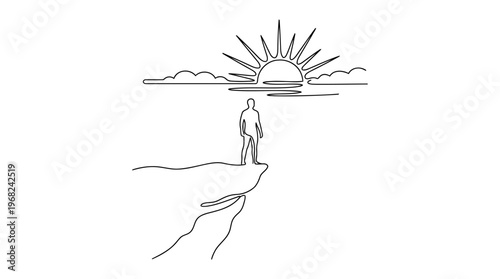 Person Standing at Edge of Cliff With Rising Sun, Dawn After Dark Concept, Single Line Art