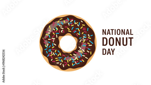 National Donut Day celebration graphic with a chocolate glazed donut and colorful sprinkles on white background.