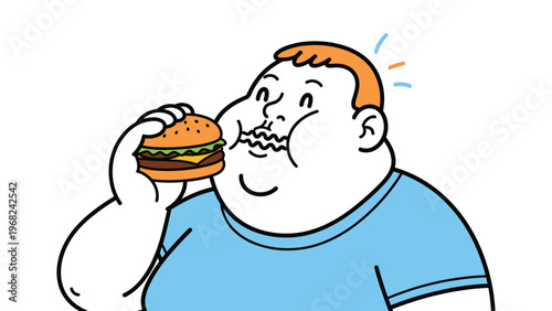 Fat hungry man eating a giant delicious burger with cheese and lettuce and looks very happy and satisfied with it.