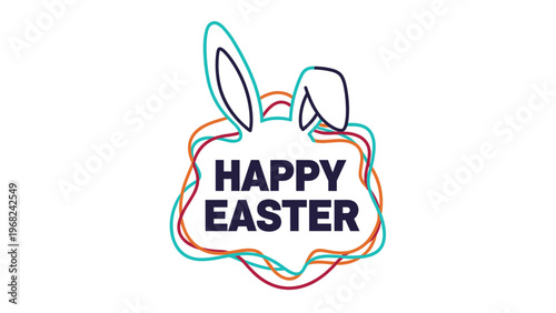 Happy Easter greeting message with colorful line art bunny ears and playful design elements for the spring holiday season.
