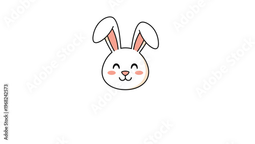 Cute cartoon bunny head illustration with pink ears and cheeks on white background for kids design project.