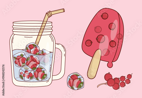 Red Currant Summer Dessert Set. Mason Jar with Berry Drink Ice Cubes and Popsicle. Eco Natural Fruit Treats. Isolated Vector Illustration.