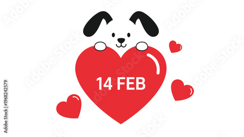 Adorable white dog character holding a large red heart with the text 14 Feb surrounded by small floating hearts for a valentines day greeting.