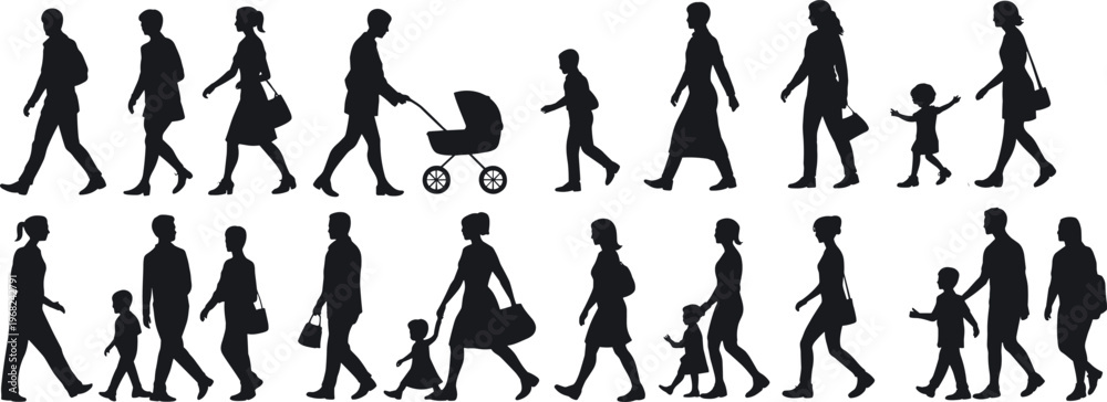 Fototapeta premium Silhouette of families walking with children and stroller, daily life movement concept, parenting, urban lifestyle, people in motion illustration set