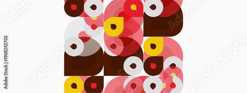 Abstract composition featuring overlapping circles, squares, rectangles. Warm colors dominate, creating playful visual texture.