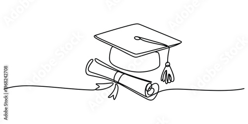 Continuous One Line Drawing of Graduation Cap and Diploma