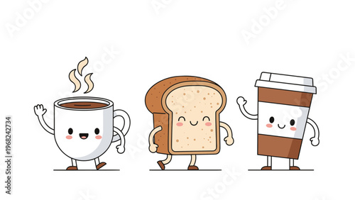 Adorable cartoon breakfast characters featuring a coffee cup, bread slice, and paper cup waving on a white background.