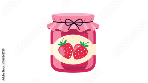 Delightful strawberry jam jar illustration featuring a pink scalloped cover and a label with two fresh red strawberries.