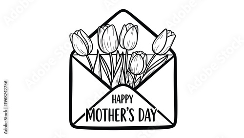 Beautiful black and white line art of tulips in an envelope for happy mothers day celebration greeting card design.