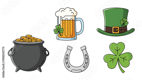 Collection of Saint Patricks Day elements including a pot of gold, beer, green hat, horseshoe, and clover on a white background.