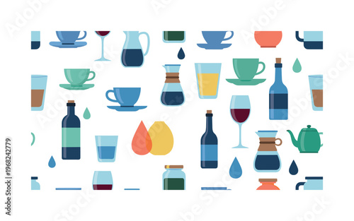 cup and saucer seamless pattern, repeating pattern, surface design, textile print, modern illustration of drinking cups, glasses, bottles, jars, wine glasses,