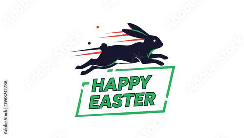 Dynamic stylized rabbit leaping over a green banner with the text happy easter on a clean white background for the holiday.