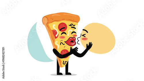 Humorous cartoon illustration of a pepperoni pizza slice and a yellow circle character sharing a kiss in space.