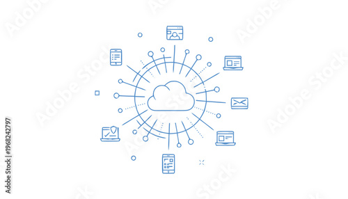 Cloud Computing Network with Connected Devices and Data Sharing.