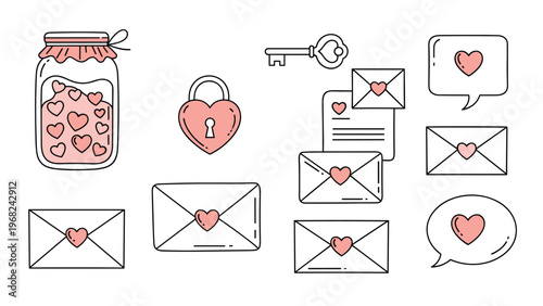 Romantic collection of love themed line art icons including a jar of hearts, a lock, a key, and many love letters.