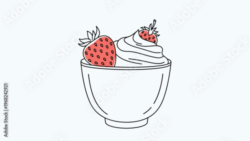 Simple line art drawing of a bowl filled with whipped cream and two fresh red strawberries on a light blue background.