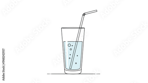 Clean minimalist line art of a glass of water with bubbles and a single blue drinking straw on a white background.