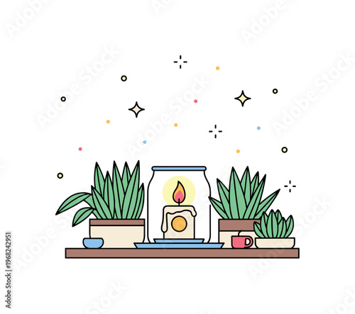 Candle flame flickering outdoor evening concept where a candle flickers on a patio table surrounded by plants while tiny sparkle and star icons highlight