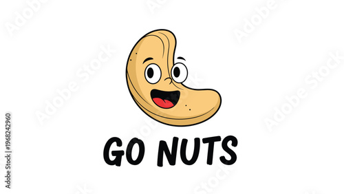 Joyful cartoon cashew nut character with a big smile and the text go nuts below on a clean white background.