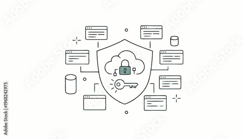 Cloud Security Shield with Lock and Key Illustration.
