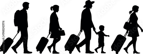 Silhouette of family and travelers walking with luggage, airport journey concept, diverse people travel lifestyle, tourism, movement and vacation illustration